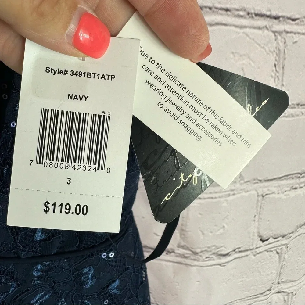 NWT formal dress navy city triangles sz 3 layered lace overlay